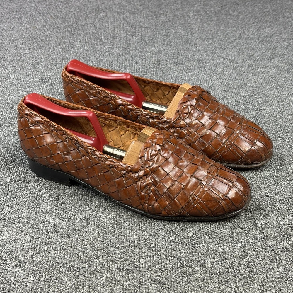 Moreschi Brown Woven Leather Loafers Mens 8.5 Handmade Italian Slip On Dress